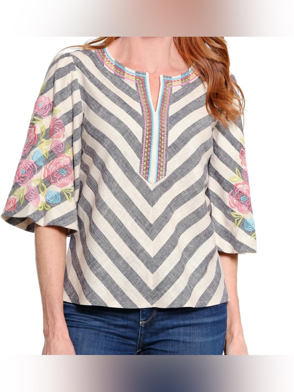 John Mark Linen Blend Striped Blouse With Floral Sleeve Embroidery size Petite S